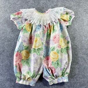 Vintage Style Floral Smocked Bubble Romper Lace Collar Pastel Rose Print Kids